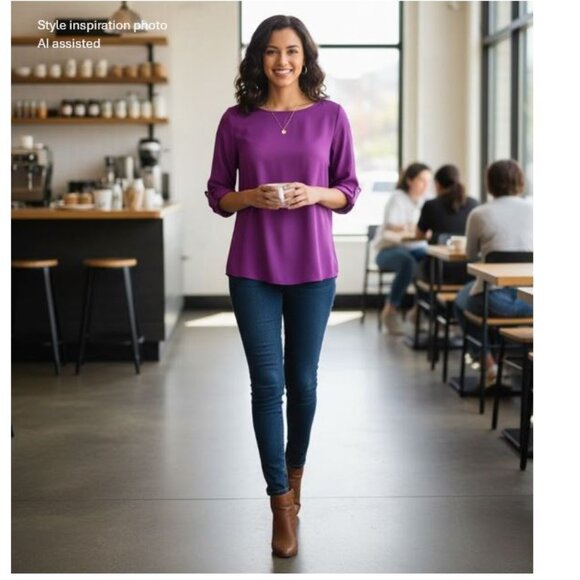 ZARA basics , Stunning royal purple satin crewneck blouse - Picture 2 of 11